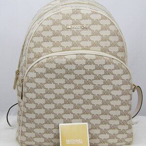 Michael Kors Jaycee Medium Logo Backpack – Beige/Vanilla Coated Canvas Gold Hard